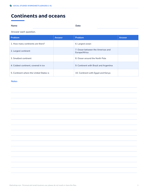 Preview of Continents and Oceans Worksheet