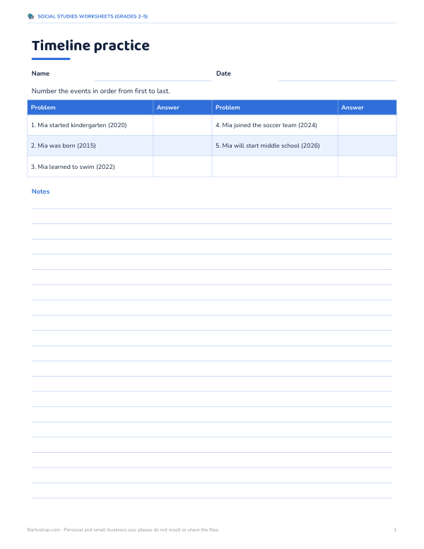 Preview of Printable Timeline Practice Worksheet