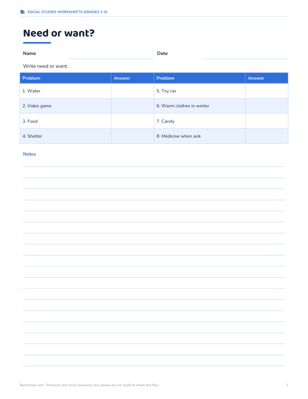 Preview of Printable Needs and Wants Worksheet