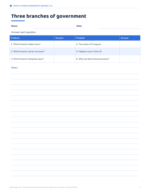 Preview of Three Branches of Government Worksheet